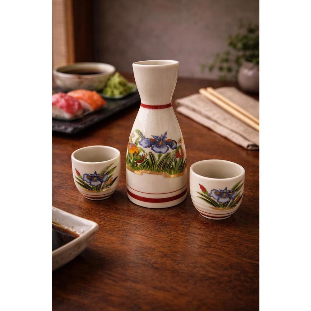 Vintage Ceramic Sake Set with Beautiful Iris Design